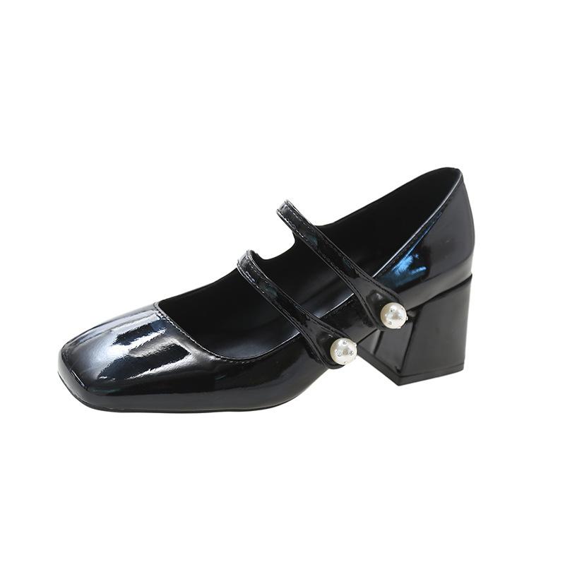 

Модные розовые двубортные туфли на высоком каблуке для женщин, лето 2024 г., новые толстые каблуки с квадратным носком, японские нежные французские женские туфли Мэри Джейн 39 чёрный