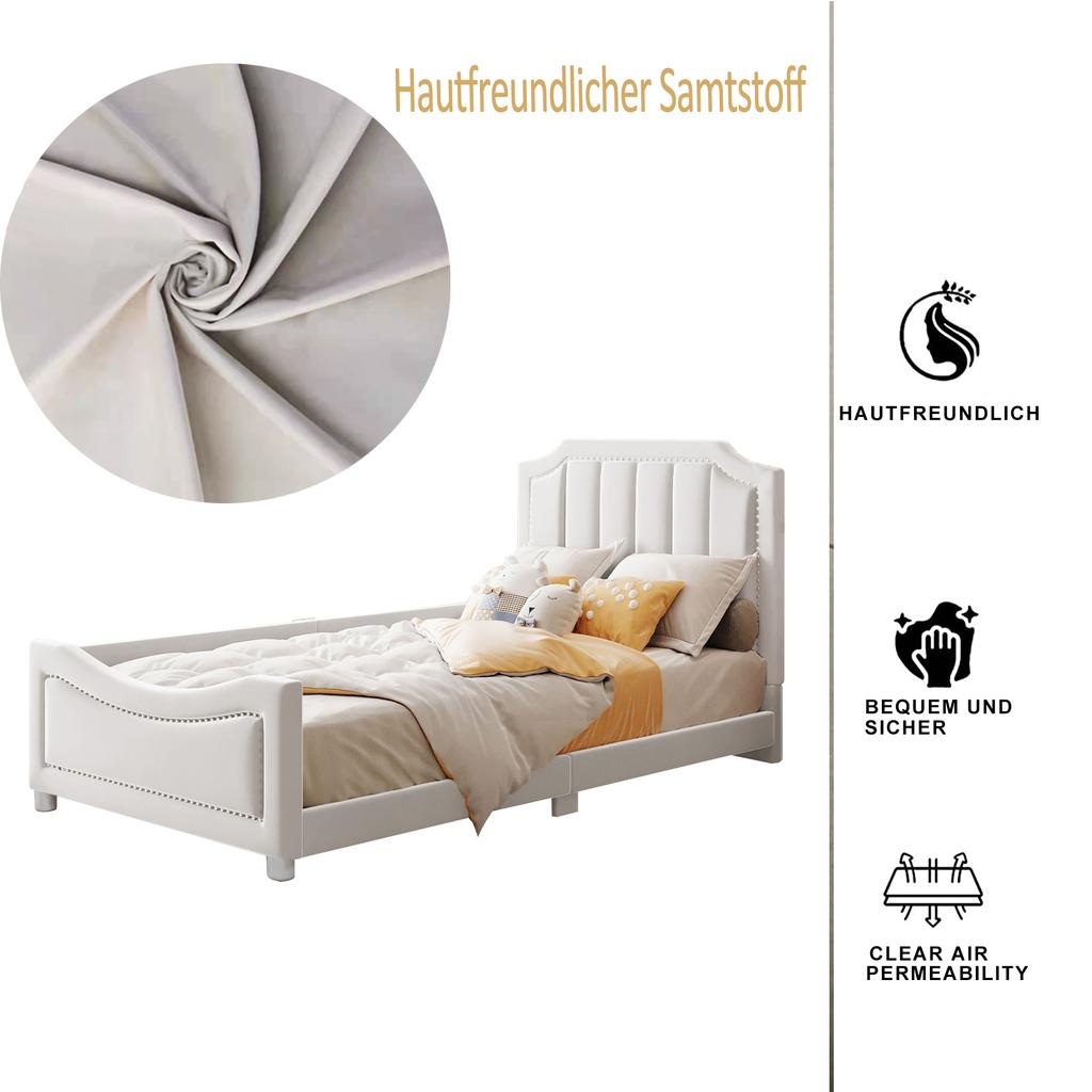 Kids' Bed Upholstered Bed 90*200cm Sleeper Sofa Bed Frame Flannel Multifunctional Soft Bed with Backrest Armrest Parent-Child Youth Guest Bed Beige