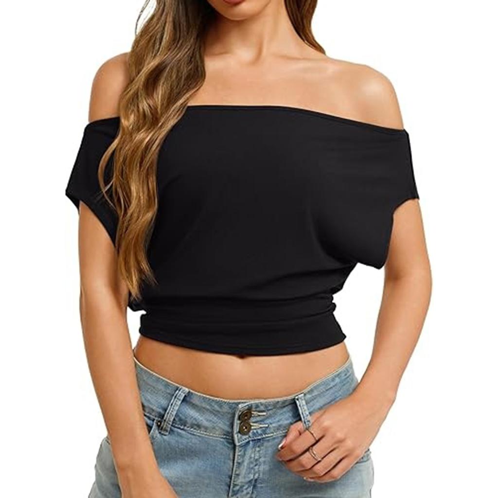 Dames Casual Mode Schuin Afvallende Schouder T-shirt, Slim-fit, Off-shoulder, Korte Mouwen Top