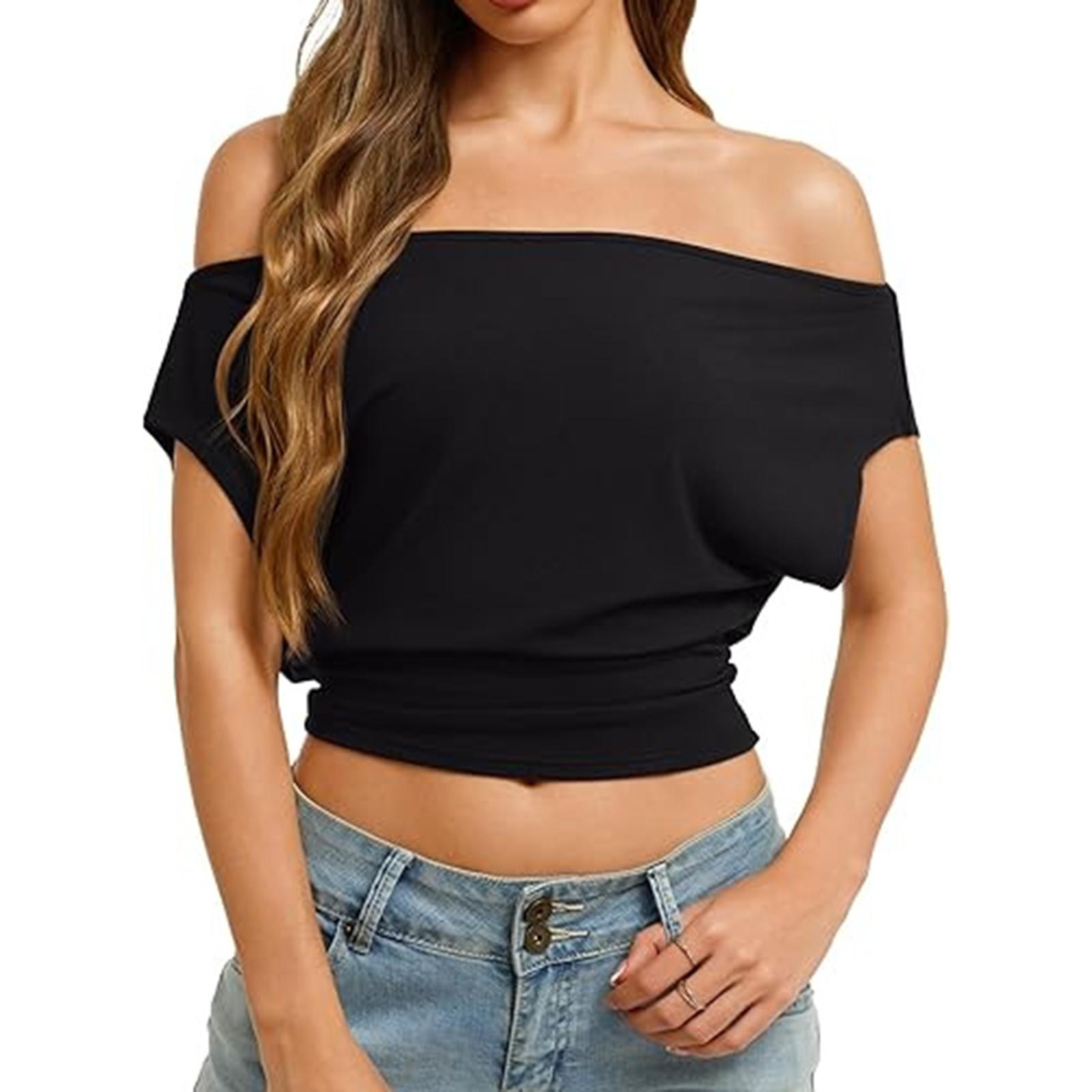

Women s Casual Fashion Sloping Shoulder T-shirt, Slim-fitting, Off-shoulder, Short-sleeved Top L чёрный