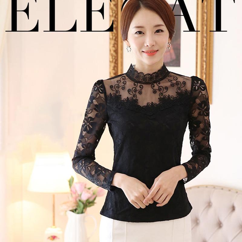 Lace Bottoming Shirt Women's Foreign Style Spring and Summer Plus Size Women's Chiffon Tops Slim Fit Stand-up Collar Hollow Shirts