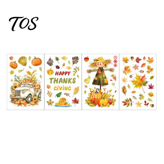 Decorative PVC Film 4 Sheets Autumn Harvest Static Window Stickers, Maple Leaves Pumpkins Scarecrow Pickup Truck Thanksgiving Decals Decals, Removable