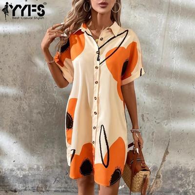 Damenmode Sommer Frühling Blumenmuster Druck Kurzarm POLO-Kragen Lockere Taille Freizeitkleider