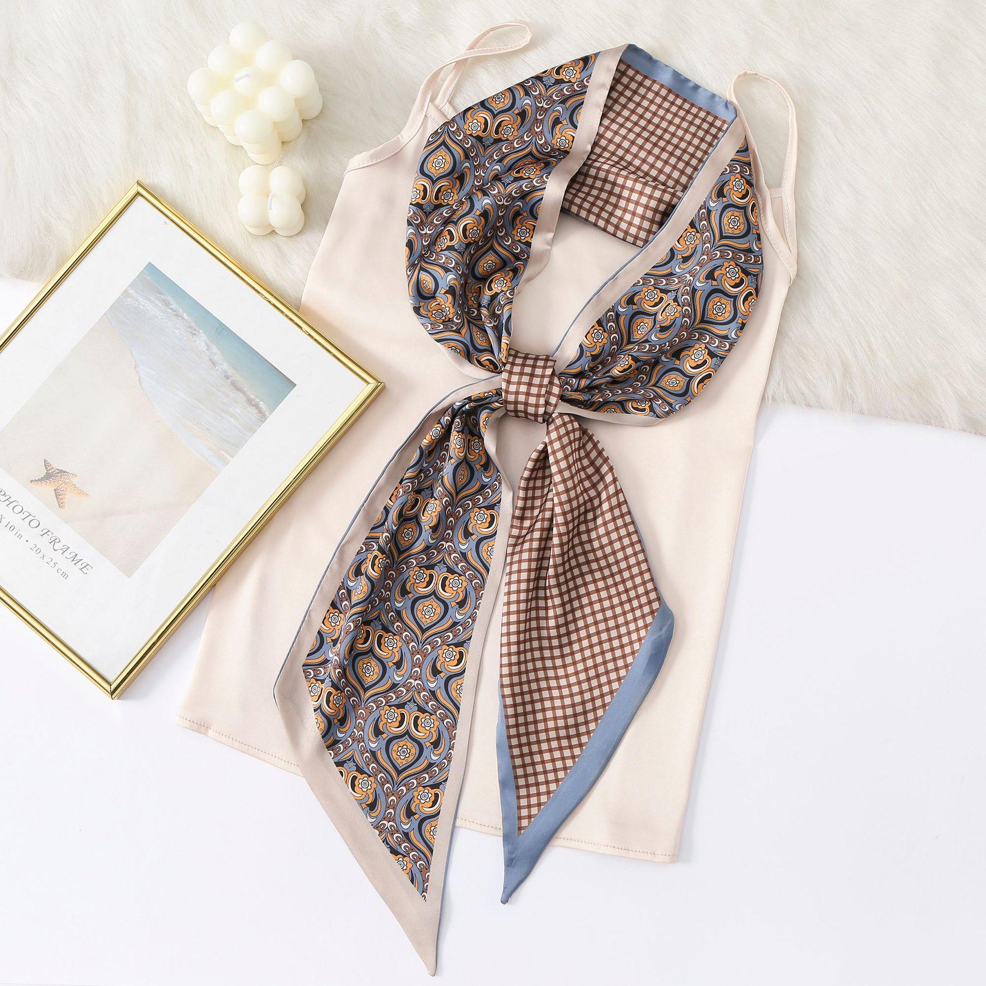 Retro cashew plaid pattern imitation silk long silk scarf foreign style decoration collarbone long silk scarf women s fashion 14*150cm