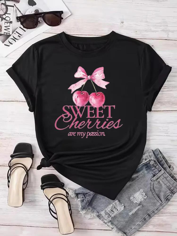 New Summer Women T Shirt Fashion Cherry Bow Print Short Sleeve T-Shirts Casual Streetwear Y2k Clothes Tops Women Clothing