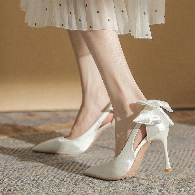 2024 Spring And Summer New White Pointy High Heels Ladies Thin Heel Single Shoes Butterfly Wedding Shoes Small Bride Shoes