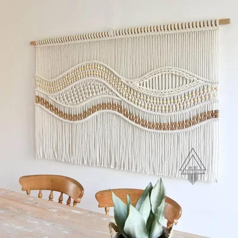 Living Room Sofa Bedside Decorative Tapestry Handwoven Wooden Bead Wave Wall Decoration Room Partition Blocking Door Curtain