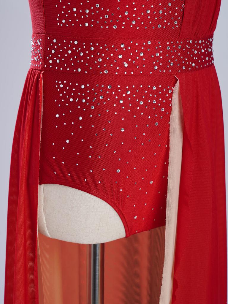 Mädchen Lyrisches Tanzkostüm Ärmelloser Turnanzug mit Ausschnitt-Rückendesign Asymmetrischer transparenter Mesh-Rock