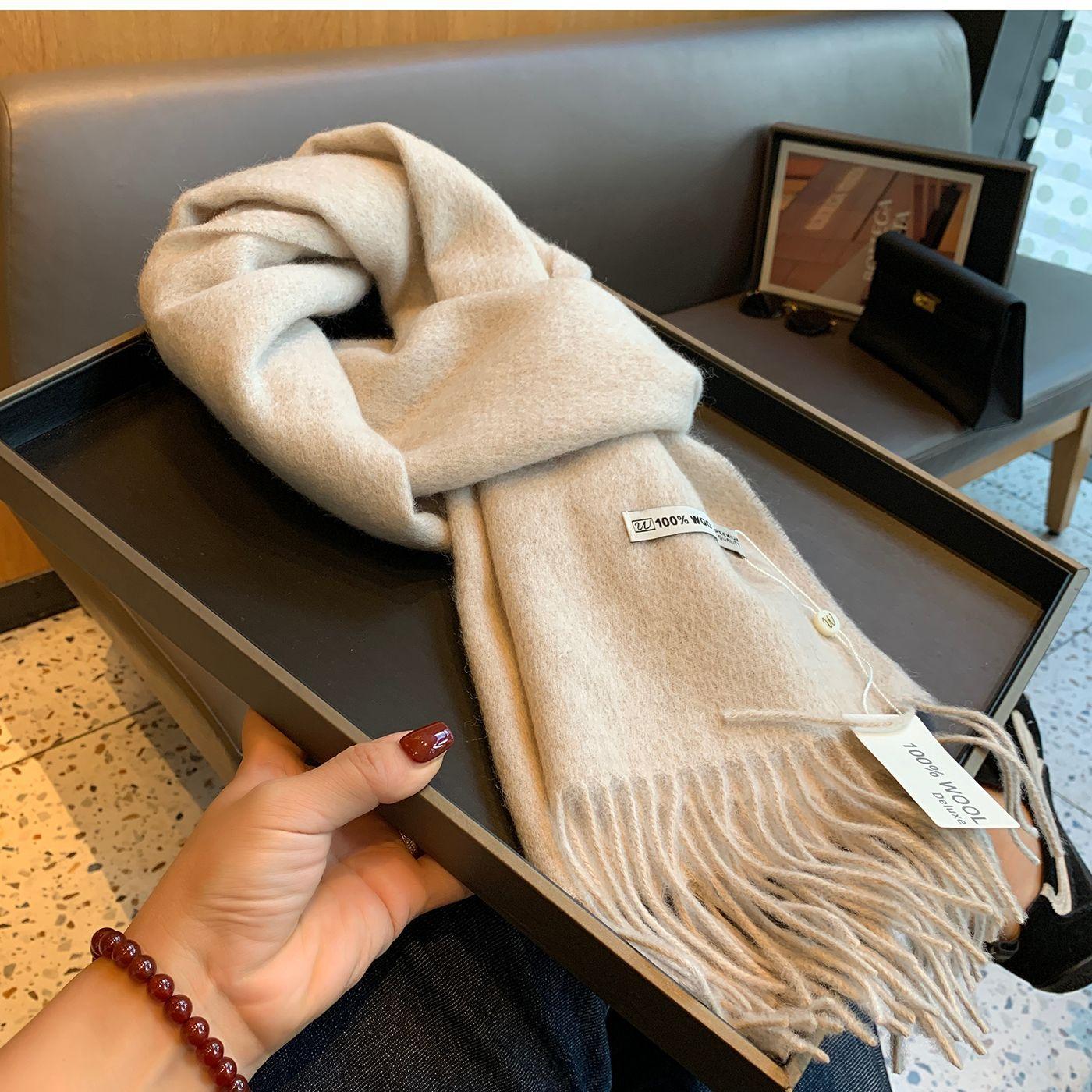 100% WOOL Australian pure wool scarf long fringed warm cashmere shawl winter warm knitted scarf couple 185*32cm бежевый