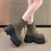 Mode 10CM Hohe Plateau Damen Stiefeletten Leopard Absatz Motorradstiefel Klobige Schnür-Sneakers Trend Winter Goth Kurze Damenstiefel
