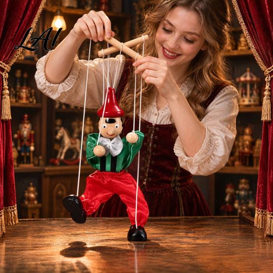 Marionette Puppet Wooden Clown Toy Vintage Pull String with Movable Limbs Limbs Handcrafted Classic Storytelling Theatre Toy for Kids
