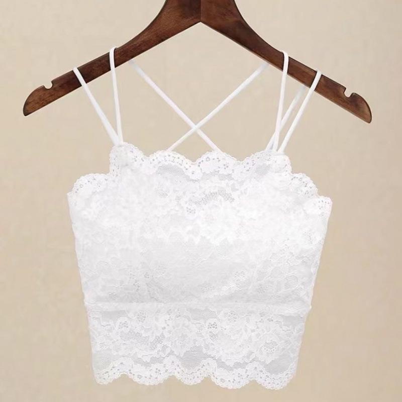 Lace Camisole Bustier Top with Strapless Back, Chest Pads, Wire-Free Push-Up, Anti-Exposure Design for Young Girls