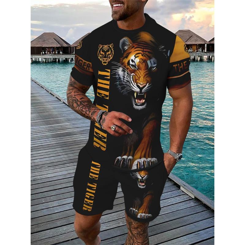 Mens Summer TwoPiece Set Animal Lion 3D Print Crew Neck Short Sleeve T-Shirt & Drawstring Shorts Outdoor