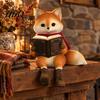 Artistic Resin Cat Sculpture Reading Owl/Fox Figurine with Dangling Legs Shelf Sitter Statue Open Book Glasses Red Scarf and Boots Rustic