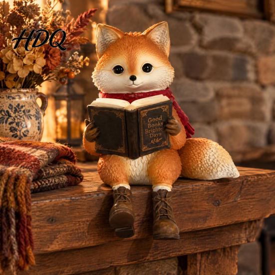 Artistic Resin Cat Sculpture Reading Owl/Fox Figurine with Dangling Legs Shelf Sitter Statue Open Book Glasses Red Scarf and Boots Rustic