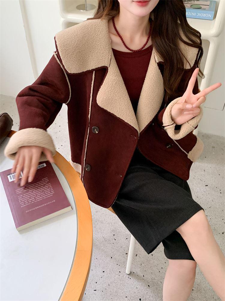 Khaki Fleece-Lined Shearling Coat: 2024 Winter Street Style Big Lapel Biker Jacket