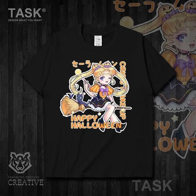 Sailor Moon Halloween TShirt Cute Witch Tsukino Usagi Luna Cat Graphic Tee Women Men Japanese Anime Cotton Short Sleeve Top 100