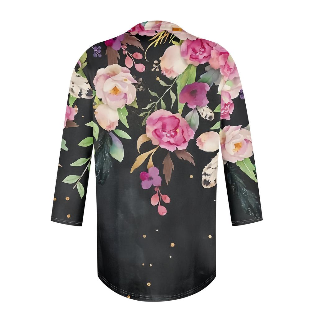 Damen-Oberteile mit Siebenviertel-Ärmeln, lässig, V-Ausschnitt, Rüschen auf der Brust, Druck, lockere T-Shirt-Oberteile