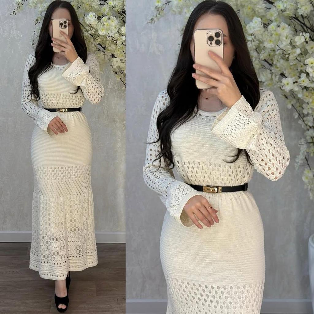 2025 Autumn Cross-border Fashion: Women's Belted Hollow-out Sweater & Gentle Style Hip-hugging Long Skirt