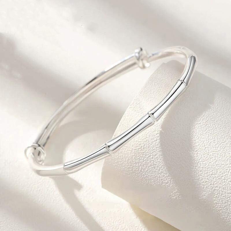 

925 Silver Plated Bamboo Style Push-Pull Bangle Bracelet - Gift for Her