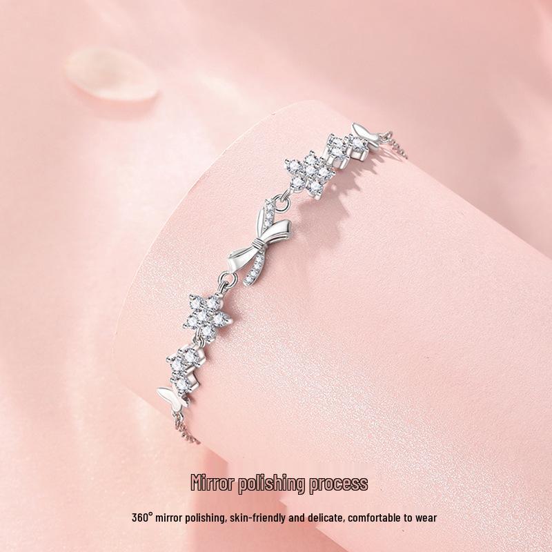 Sterling Silver 925 Floral Bow Bracelet - Exquisite Handcrafted High-End Jewelry