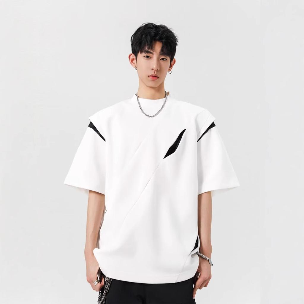 Shoulder Pads Short-sleeved Men's Summer American High Street Front Shoulder Half-sleeved Heavy Design Niche T-shirt