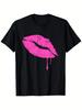 Men'S 80S Retro Neon Pink Lips T-Shirt Heavyweight Sm Oversized Black Tee with Iconic 80S Kiss Print