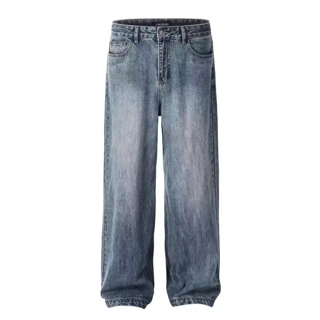 New retro washed cleanfit blue straight jeans trendy men's American wide-leg casual trousers