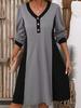 Spring European & American V-Neck Buttoned Striped Loose Knit Dress - Long Sleeve Casual