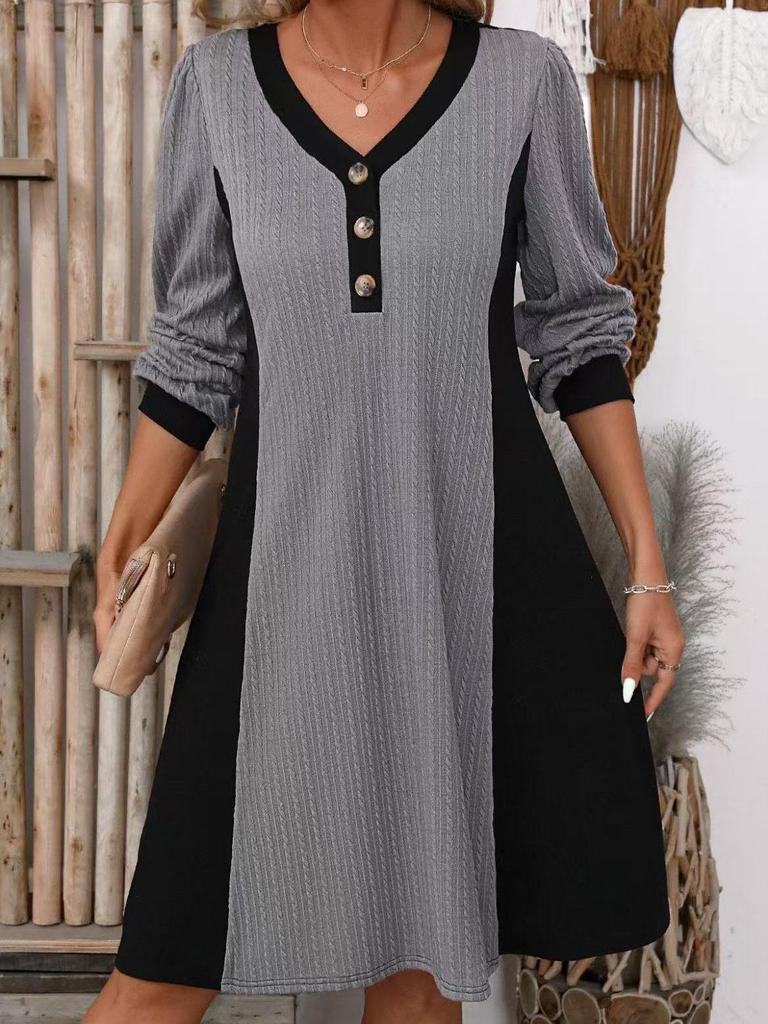 Spring European & American V-Neck Buttoned Striped Loose Knit Dress - Long Sleeve Casual