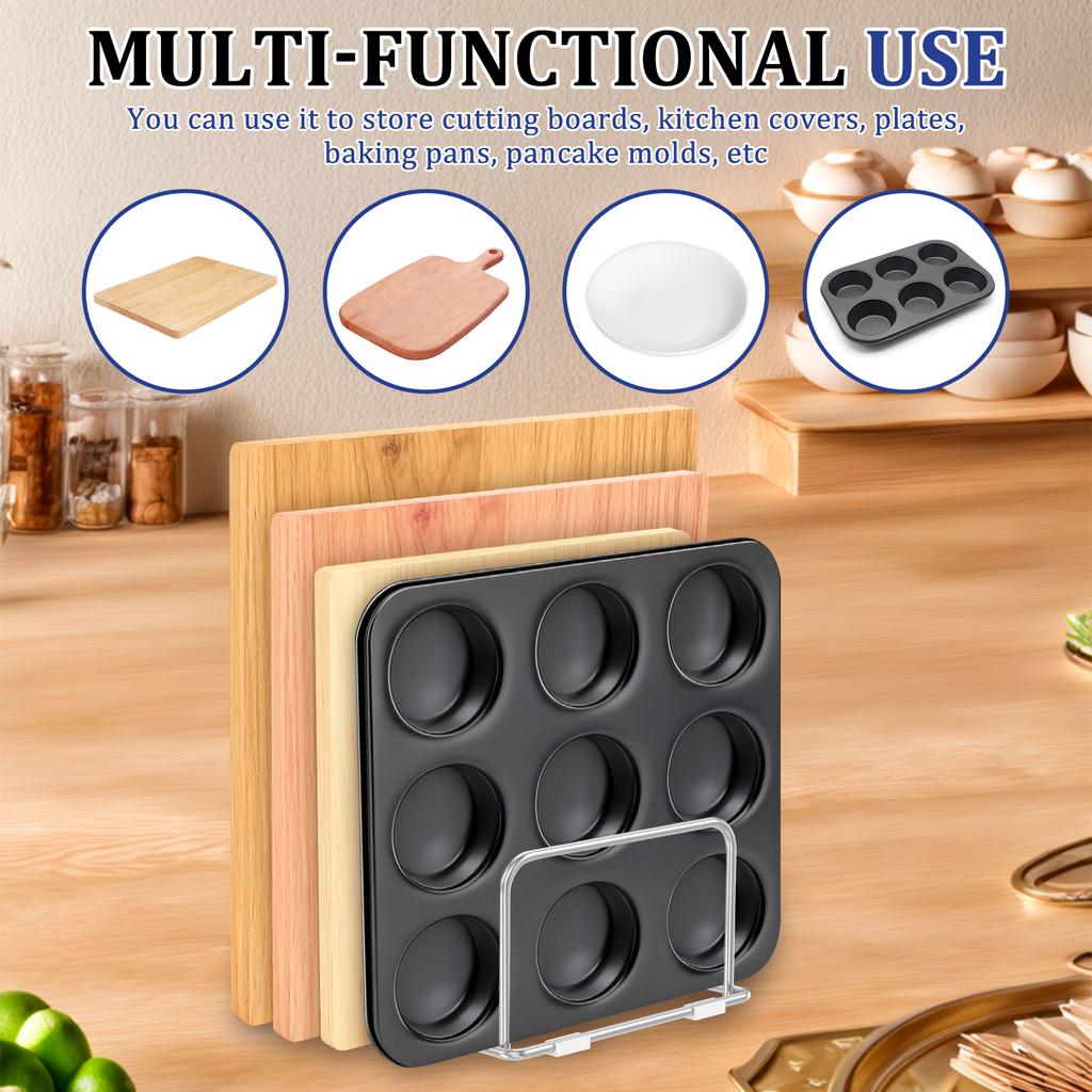 2Pcs Chopping Board Rack Stand Stainless Steel Cutting Board Holder 4 Compartments Metal Cookie Sheets Organizer Kitchen Shelf