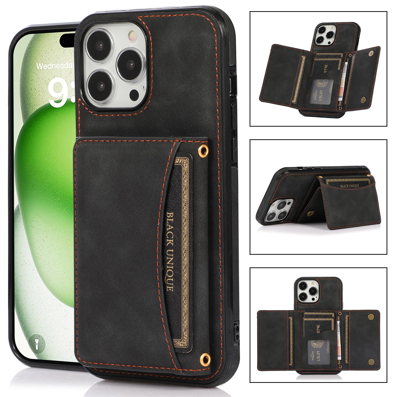 

For iPhone 16 Pro Phone Case Tri-Fold Wallet Kickstand PU Leather+TPU Back Cover Black