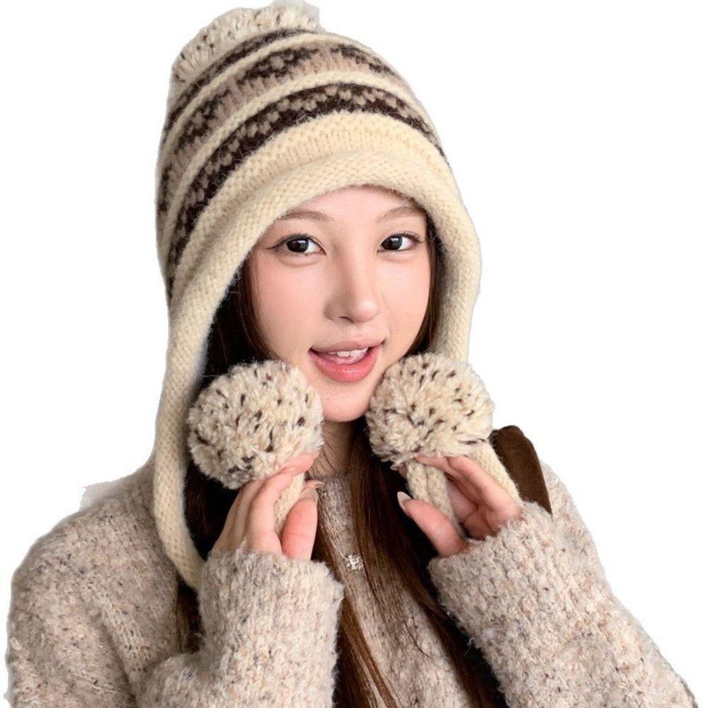 With Pom Pom Knit Earflap Hat Cold Proof Outdoor Fall Winter Hat Warm Knit Beanie Women