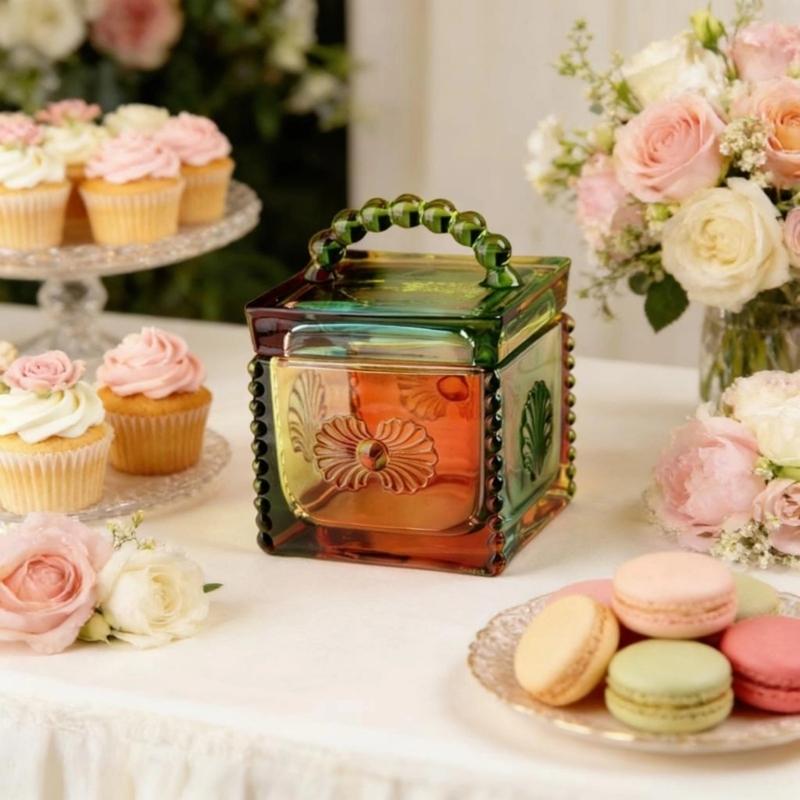Artistic Square Candies Holder Clear Glass Featuring Intricate Embossed Detail Household Storage Jar
