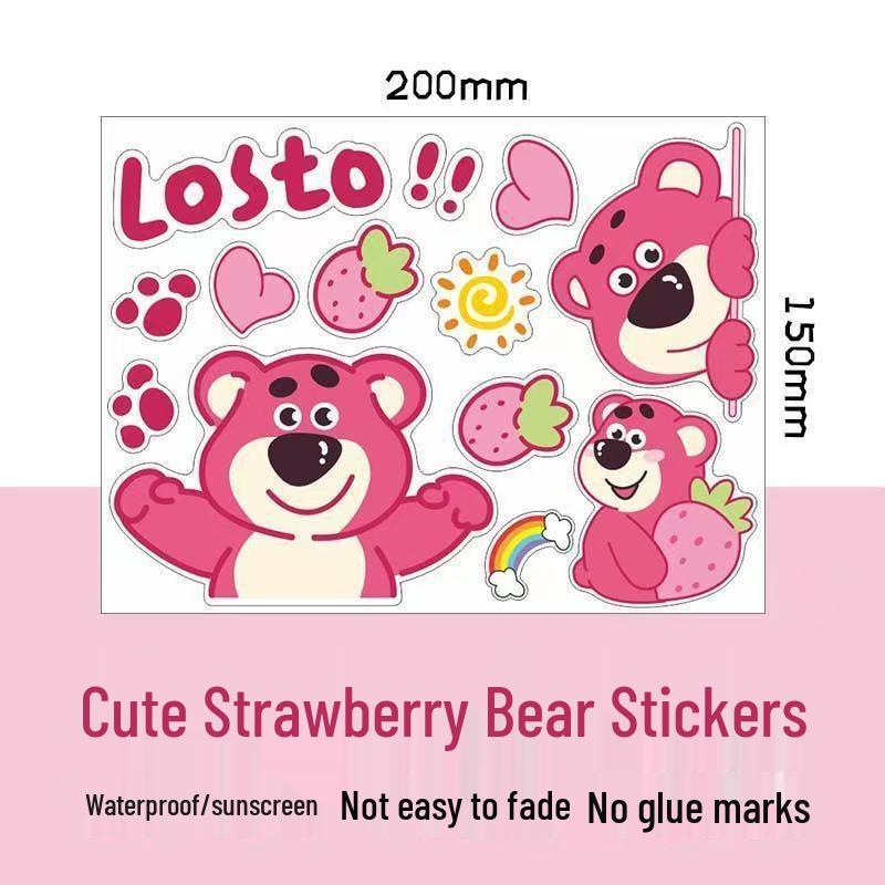 Electric Vehicle Bear Ear Helmet Ornament with Cute Strawberry Bear Sticker & Angel Wings - Small Car Accessory