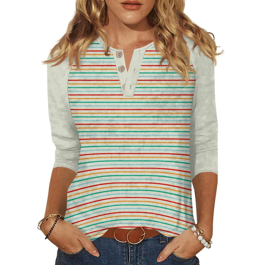 Women's T Shirt Print Button 3/4 Sleeve Daily Weekend Fashion Basic V- Neck Regular Top