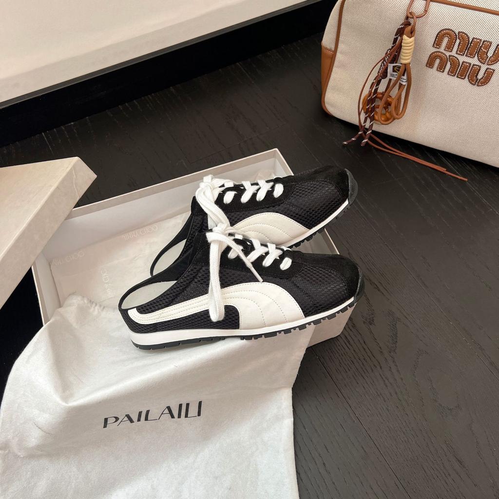 Retro inner height-increasing mesh bag head half slippers women's one-pedal lace-up board shoes