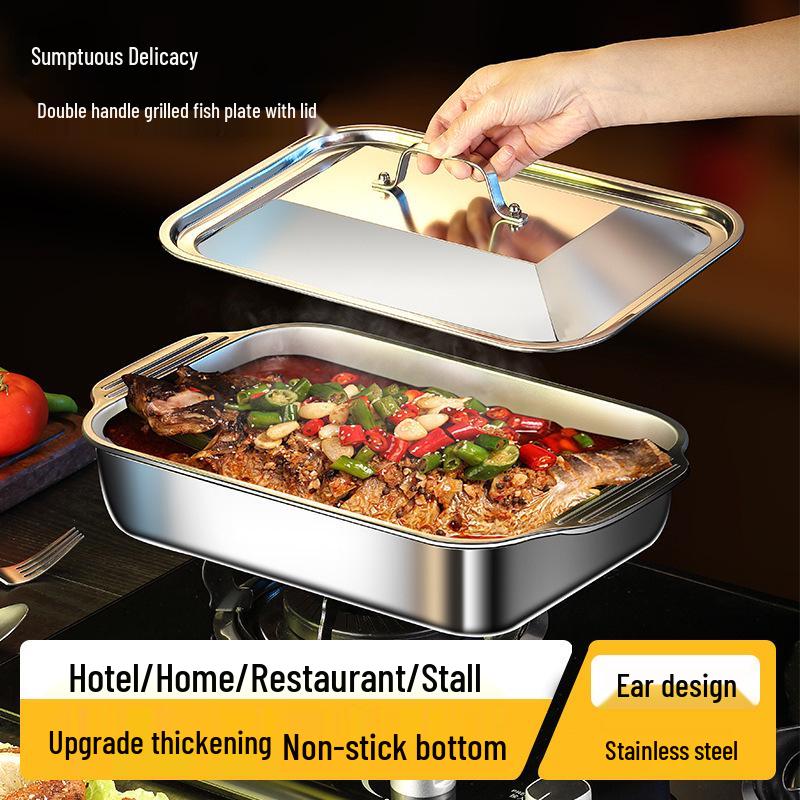 Stainless Steel Rectangular Grilled Fish & Crayfish Tray for Induction Cookers - Flat Bottom & Deep Design