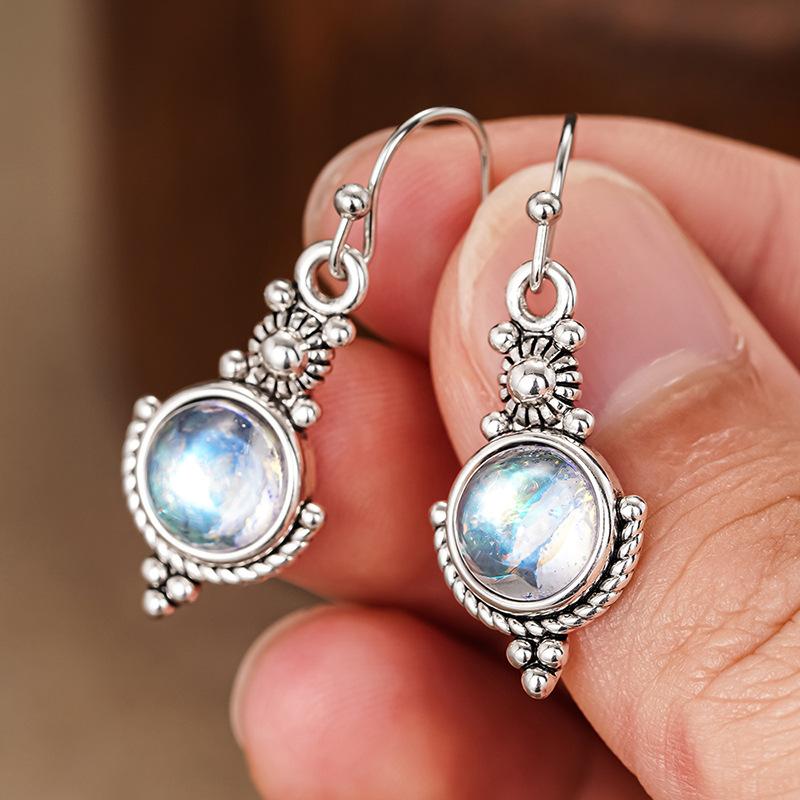 Bohemian earrings, ethnic style imitation moonstone pendant, ear hook women, retro and old craft earrings