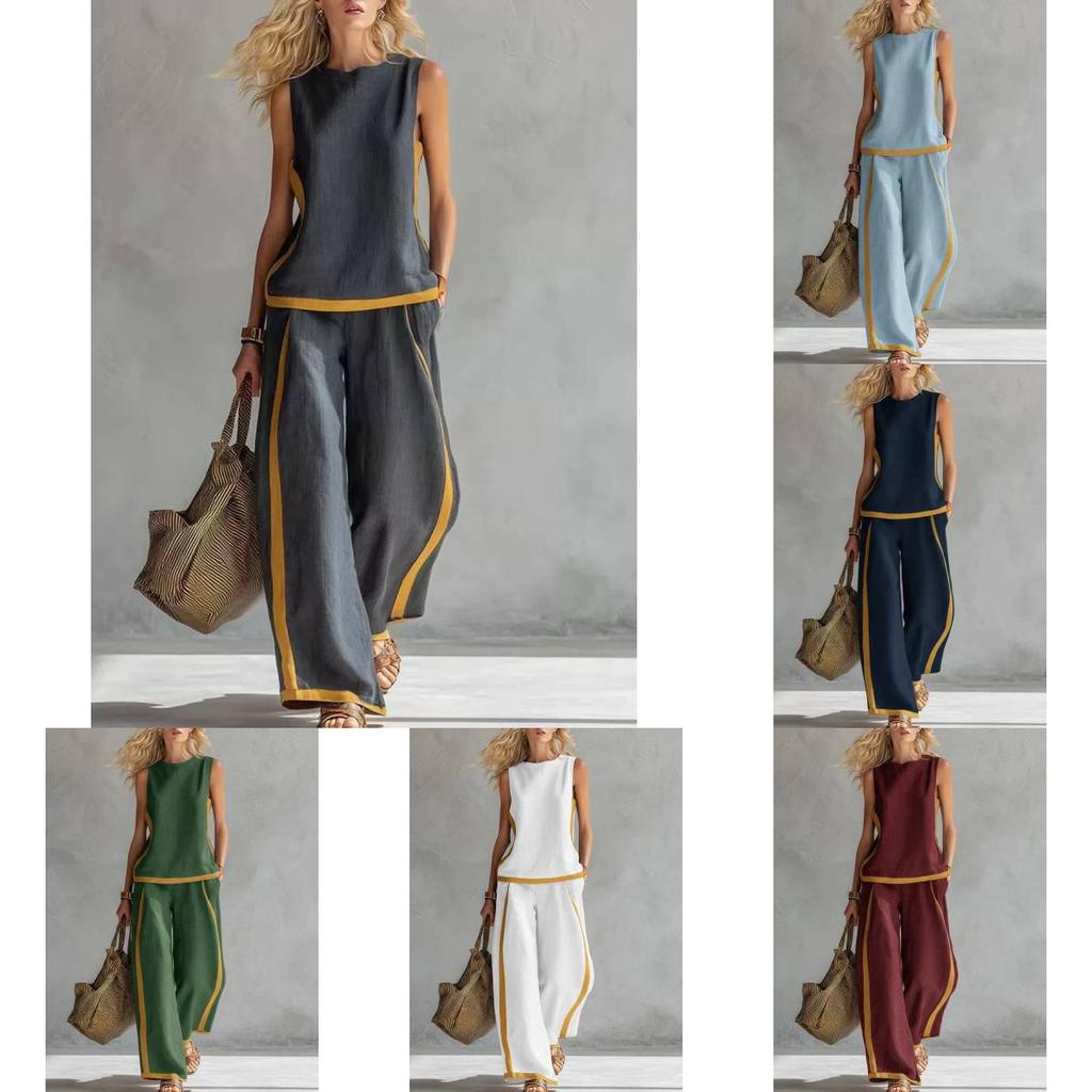 Tuta da donna estiva senza maniche a blocchi di colore con tasche e inserti per abbigliamento casual