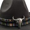 Black Soft Felt Waterproof Sweatband Traditional Wide Brim Men and Women Western Outback Cowboy Hat With Bull Head Fedora Cap