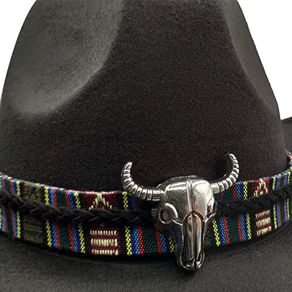 Black Soft Felt Waterproof Sweatband Traditional Wide Brim Men and Women Western Outback Cowboy Hat With Bull Head Fedora Cap