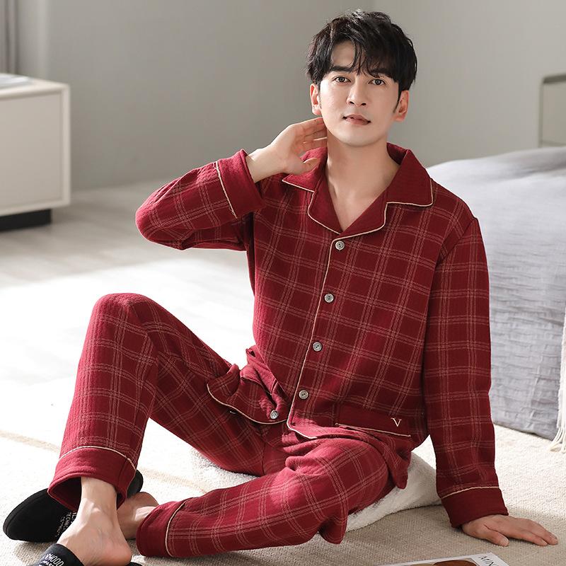 Air cotton sandwich pajamas men's autumn and winter thickened pure cotton long-sleeved men's winter thin padded large-size loungewear