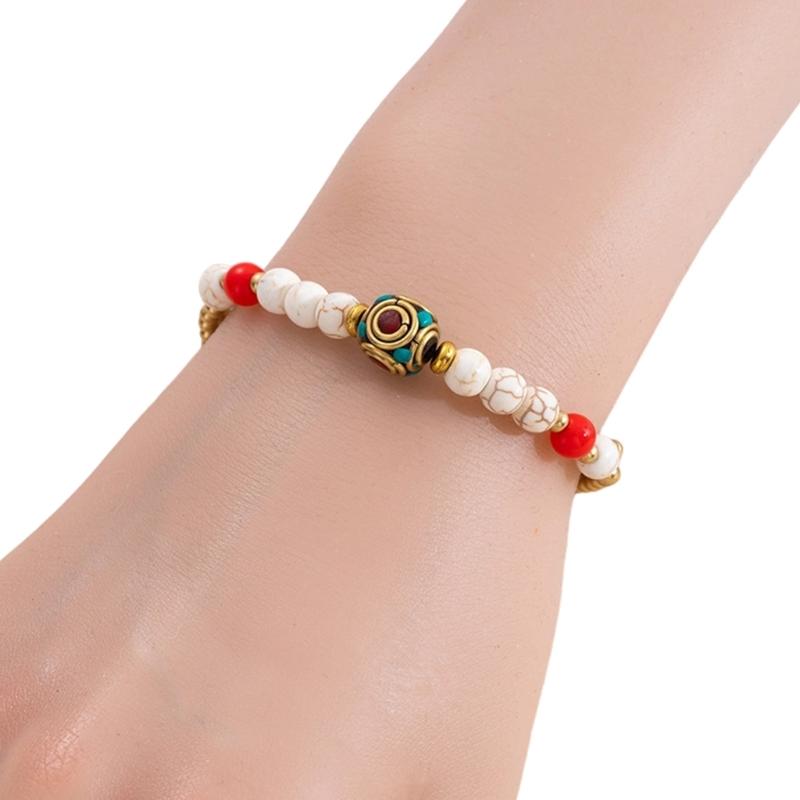 Nepalese Handwoven Tibetan Style Adjustable Bracelet Featuring Alloy Beads And Natural Turquoise Stone For Cultural Fashion Accessories