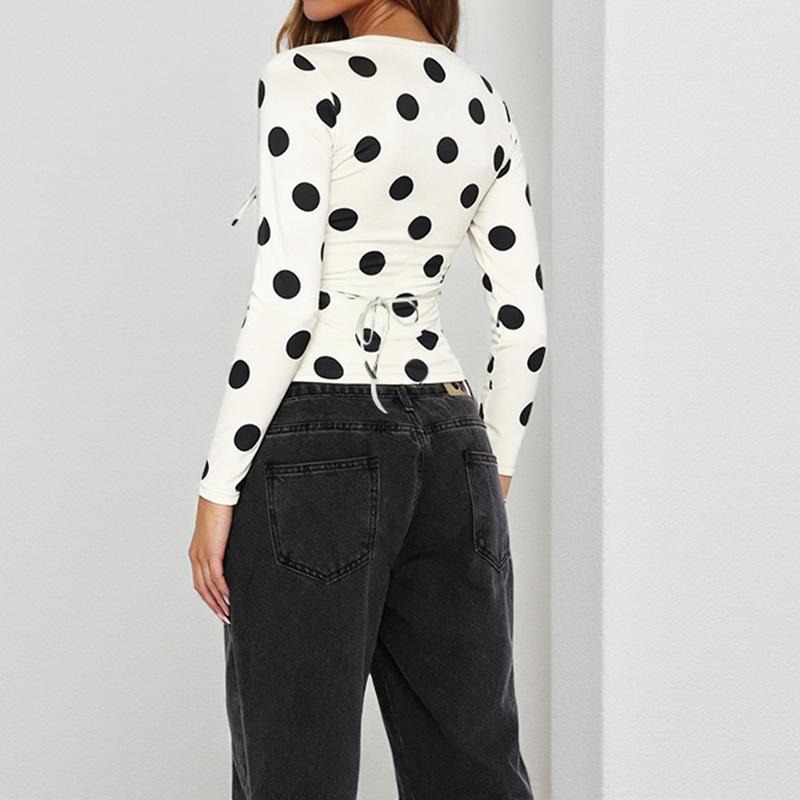 2025 Winter Fashionable Polka Dot Lace-up Slim Long-sleeved Women's T-shirt