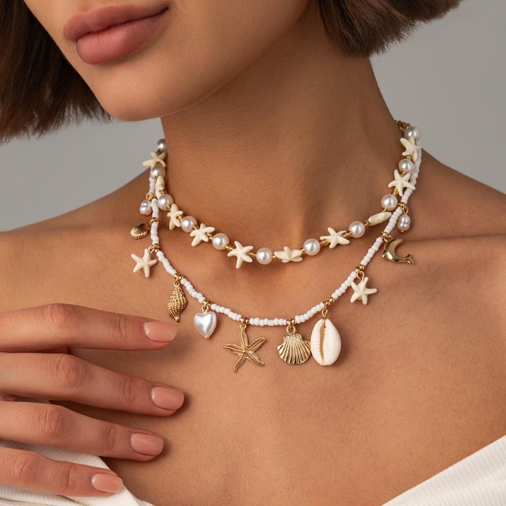 Starfish Mold Necklace Chain Imitation Pearl Shell Pendant Holiday Decor Island Vacation