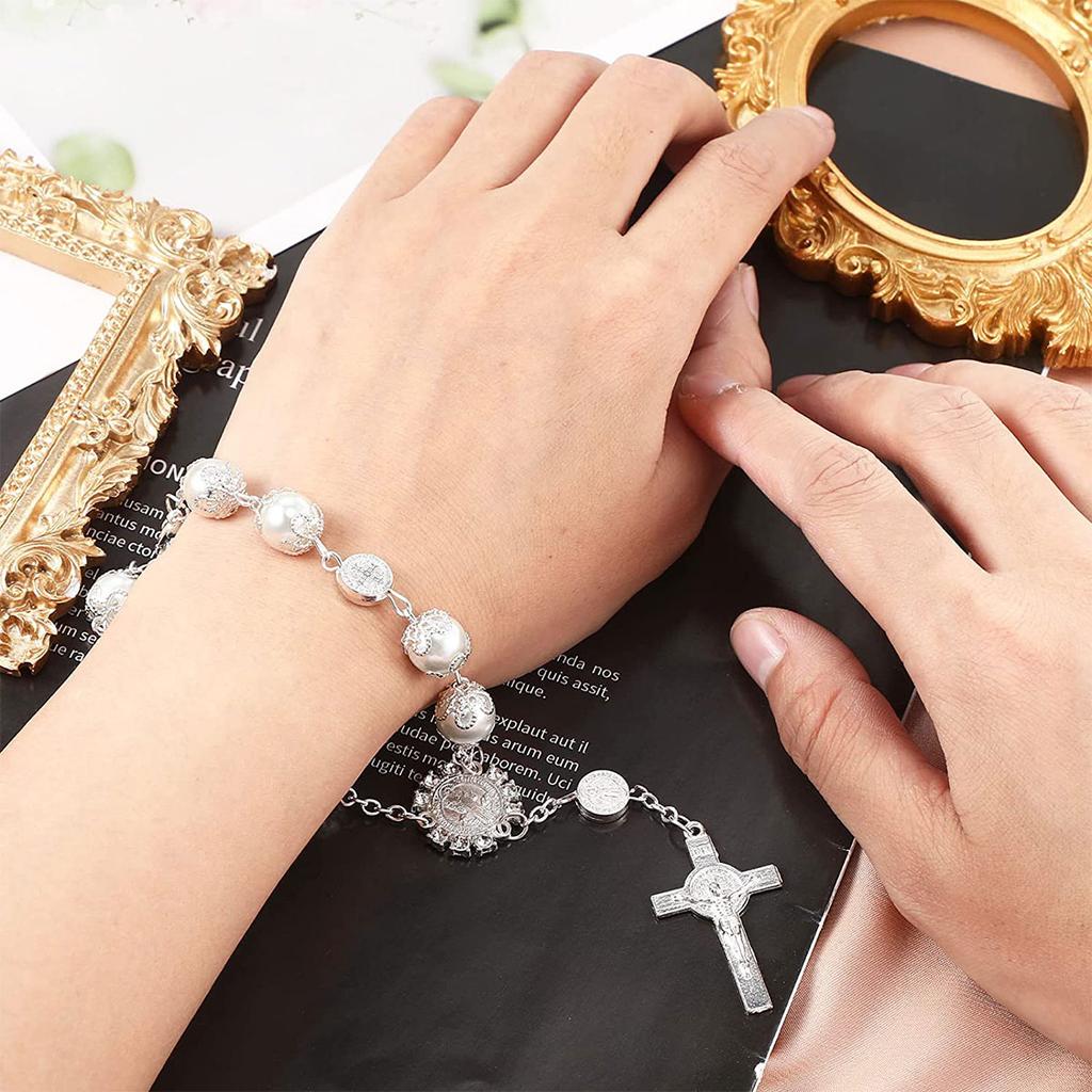 Car Hanging Charm Bling Car Rear View Mirror Hanging Ornament Retro Imitation Pearl Cross Hanging Decoration Auto Interior@#1356
