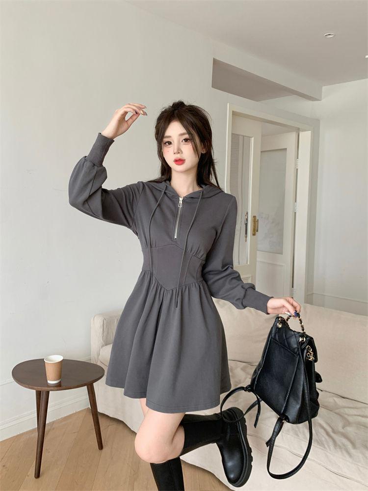 Large Size Black Hooded Casual Sweater Dress Women's Autumn and Winter Fat Mm Advanced Feeling Waist and Thin A-shaped Short Skirt