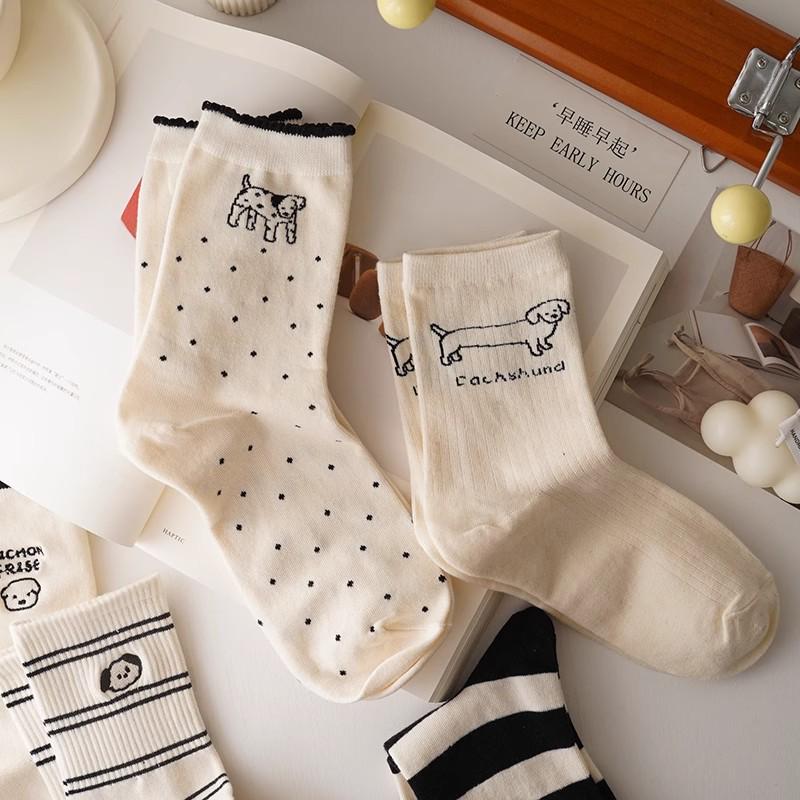Zhuji Women's Pure Cotton Cartoon Puppy Socks, Anti-Pilling, Antibacterial, Striped, Boneless, Versatile.