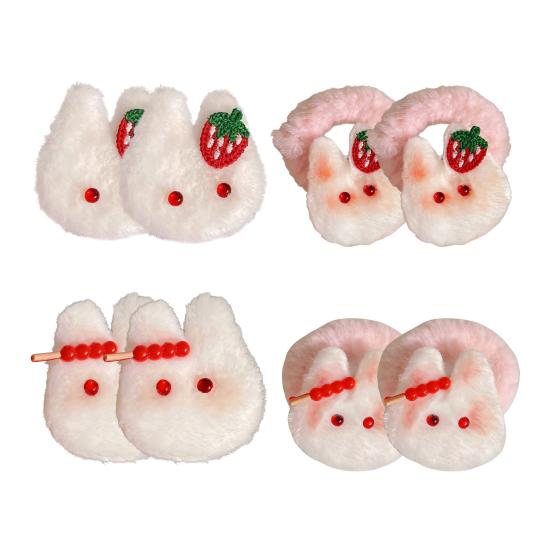 2Pcs Girl Hair Tie Cartoon Rabbit Decor Soft Plush Hair Rope High Elasticity Non-Damaging Fuzzy Hair Band Winter Hair Accessories